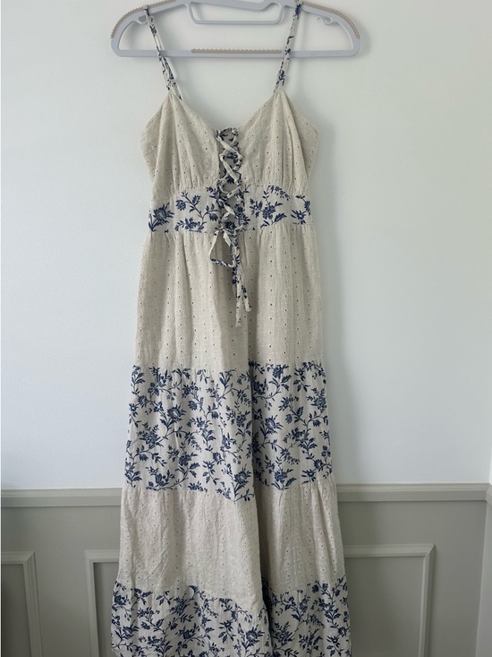 Sim & Sam Dresses & Skirts - Cream Maxi Dress with Blue Floral Trim and Tie Front